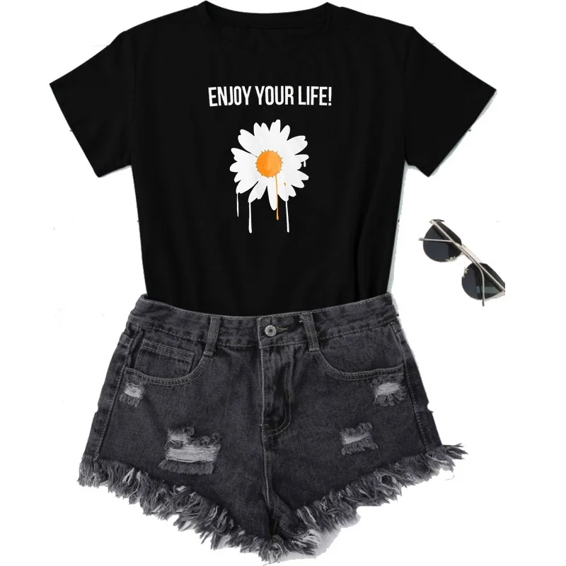 

kuakuayu HJN Enjoy Your Life chrysanthemum Graphic Tee Summer Fashion Casual Unisex Tee Loose Funny Harajuku Hipster