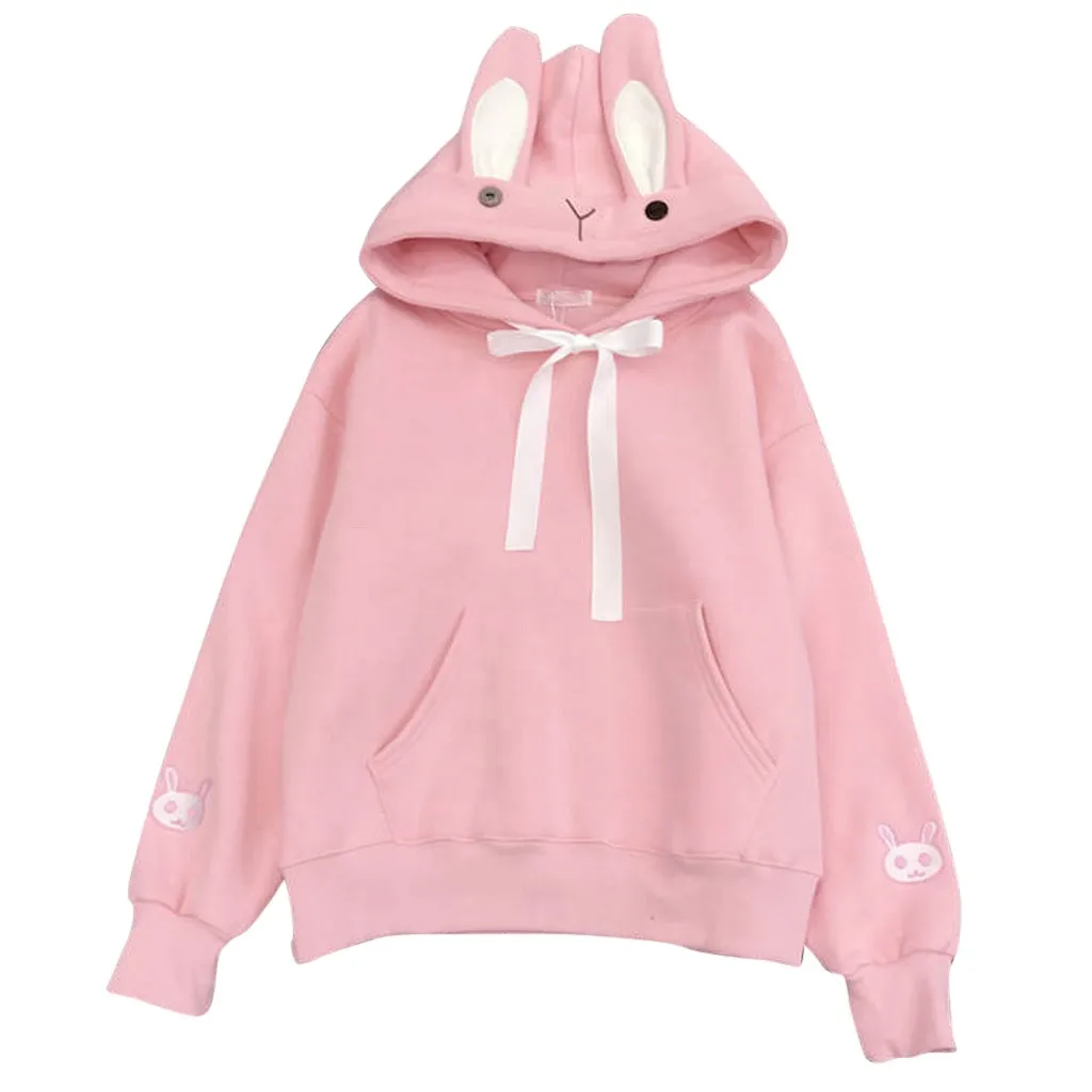 Розовый Розовая Очаровательная модная женская толстовка с заячьими ушками, топ с капюшоном, блуза с длинным рукавом, свободная толстовка, толстовка, Длинная толстовка, женская толстовка - Цвет: Розовый