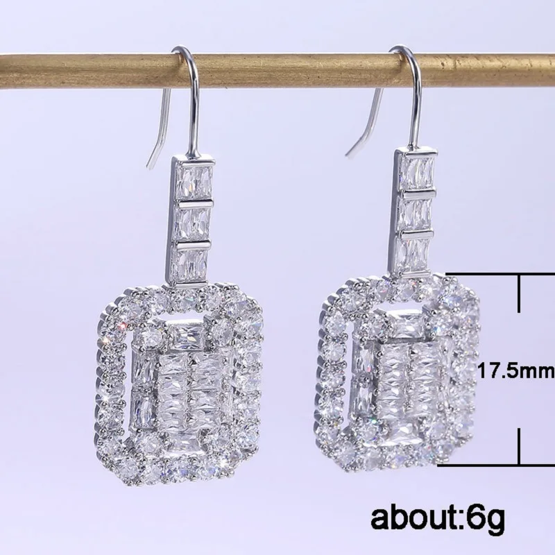 

New Trendy Luxury Silver Color Square Drop Earring Wedding Bridal Accessories Shine Zircon Stone Elegant Female Jewelry