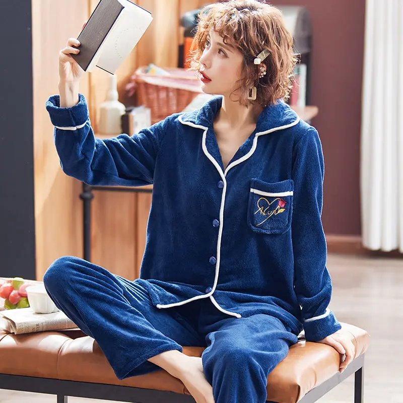 Women Pajama Sets Winter Warm Coral Fleece Women Pajamas Set For Women Flannel Thick Pyjamas Long Homewear Sleep Lounge