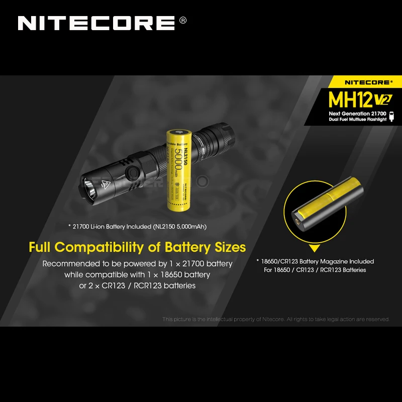 Светодиодный Многофункциональный фонарик NITECORE MH12 V2 CREE XP L2 V6 1200 люмен 21700 с двойным