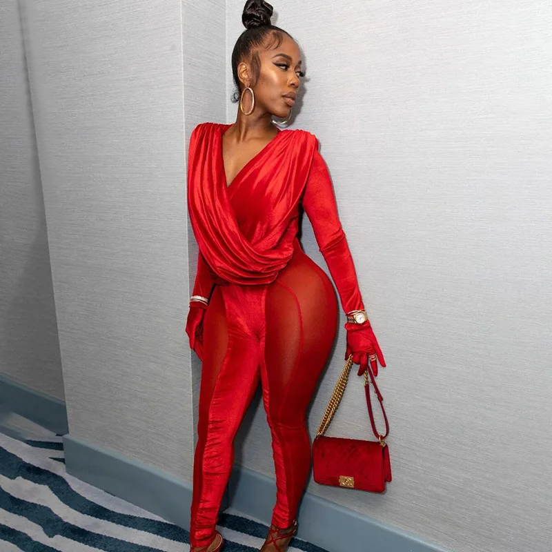 

Adogirl Long Sleeve Velvet Mesh Patchwork Jumpsuit Women Sexy V Neck Bodycon One Piece See Through Outifits Party Club Overalls