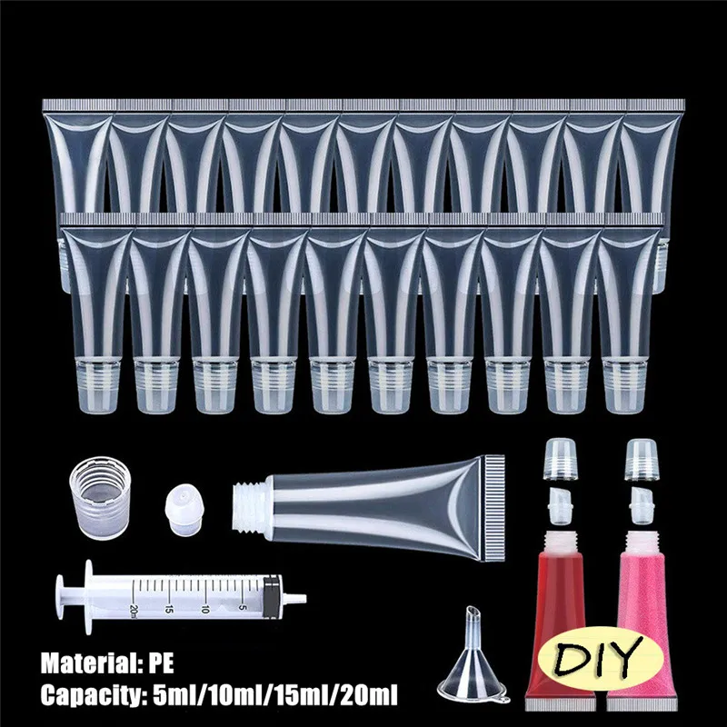 

Новинка, пустой блеск для губ, 5/10/15/20 мл, тюбик для губной помады, бальзам для губ, мягкая тюбик для макияжа, Сжимаемый прозрачный тюбик для блеска для губ, контейнер