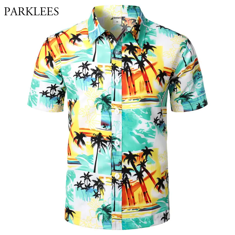 

Summer Hawaiian Shirts Men Short Sleeve Palm Tree Print Button Up Mens Hawaii Shirt Casual Aloha Shirts Holiday Party Camisa 5XL