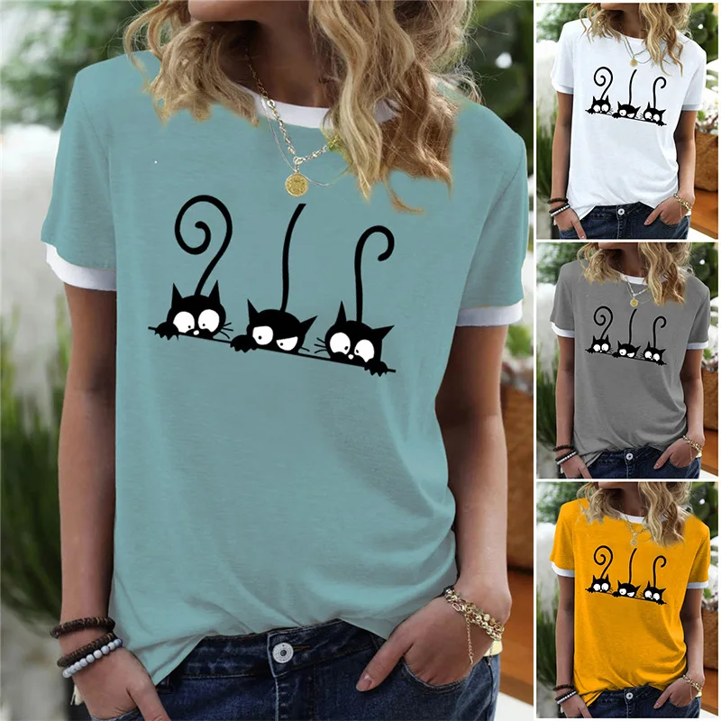 

Cute Cats Printed T-Shirt Women Cartoons Print Short Sleeve Tops Lady O-Neck Loose Tops Casual Harajuku T-shirt Mujer Camisetas