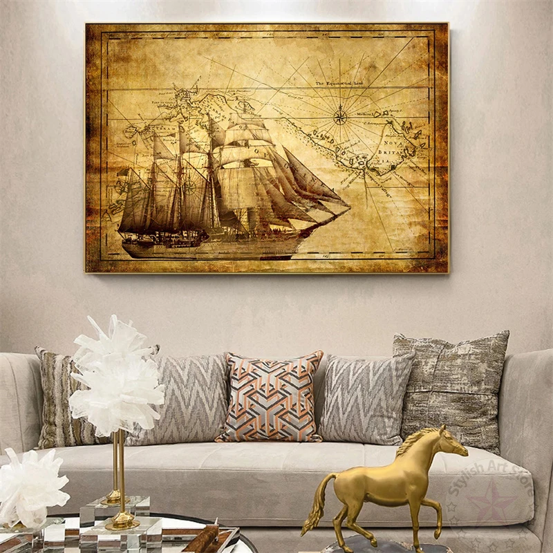 Винтажная Европейская карта Парусников плакат Античная Карта фэнтези корабль