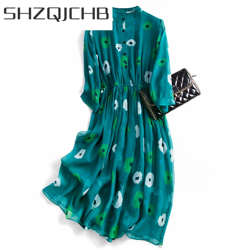

Женское платье из натурального шелка SHZQ, винтажные длинные платья, летние пляжные вечерние элегантные женские платья, весенние платья с при...