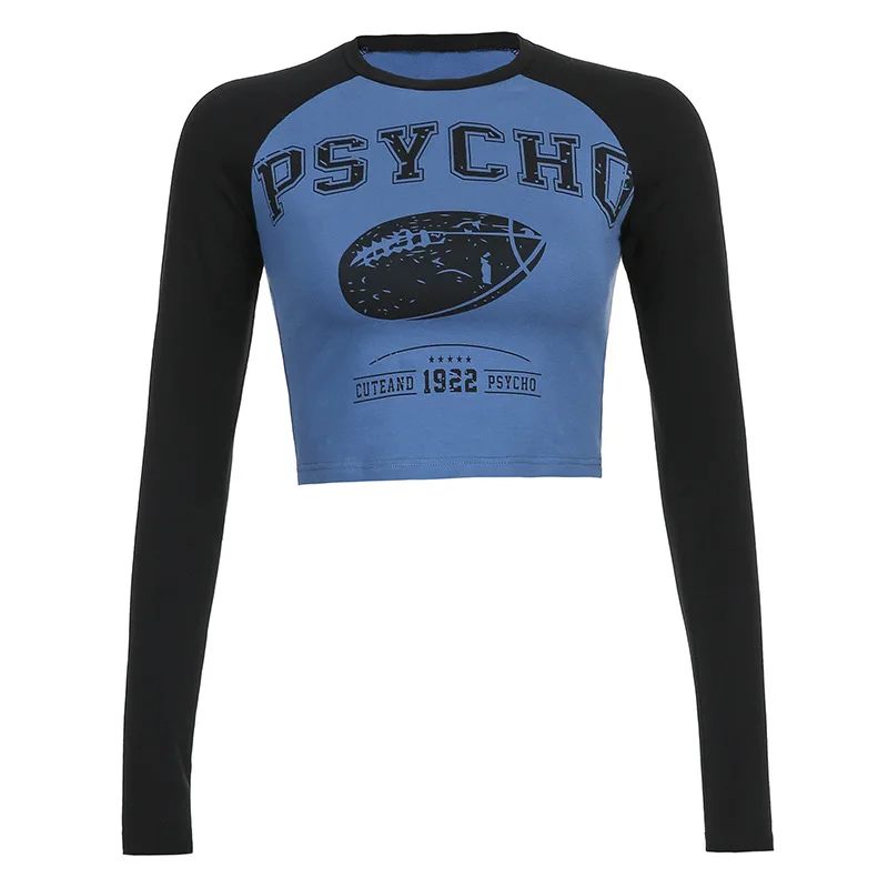 

2021 New Women's Street Fashion Raglan Sleeve Color Matching Letter Printing Long-sleeved T-shirt Slim Bottoming Short Top