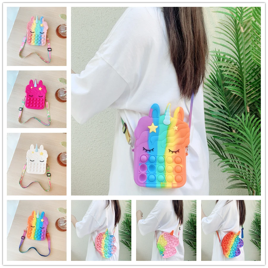 

Large Size Rainbow Unicorn Fashion pop it Push Bubbles Kawaii Coin Purse Children Wallet Silica Gel Simple Dimple Fidget Toys