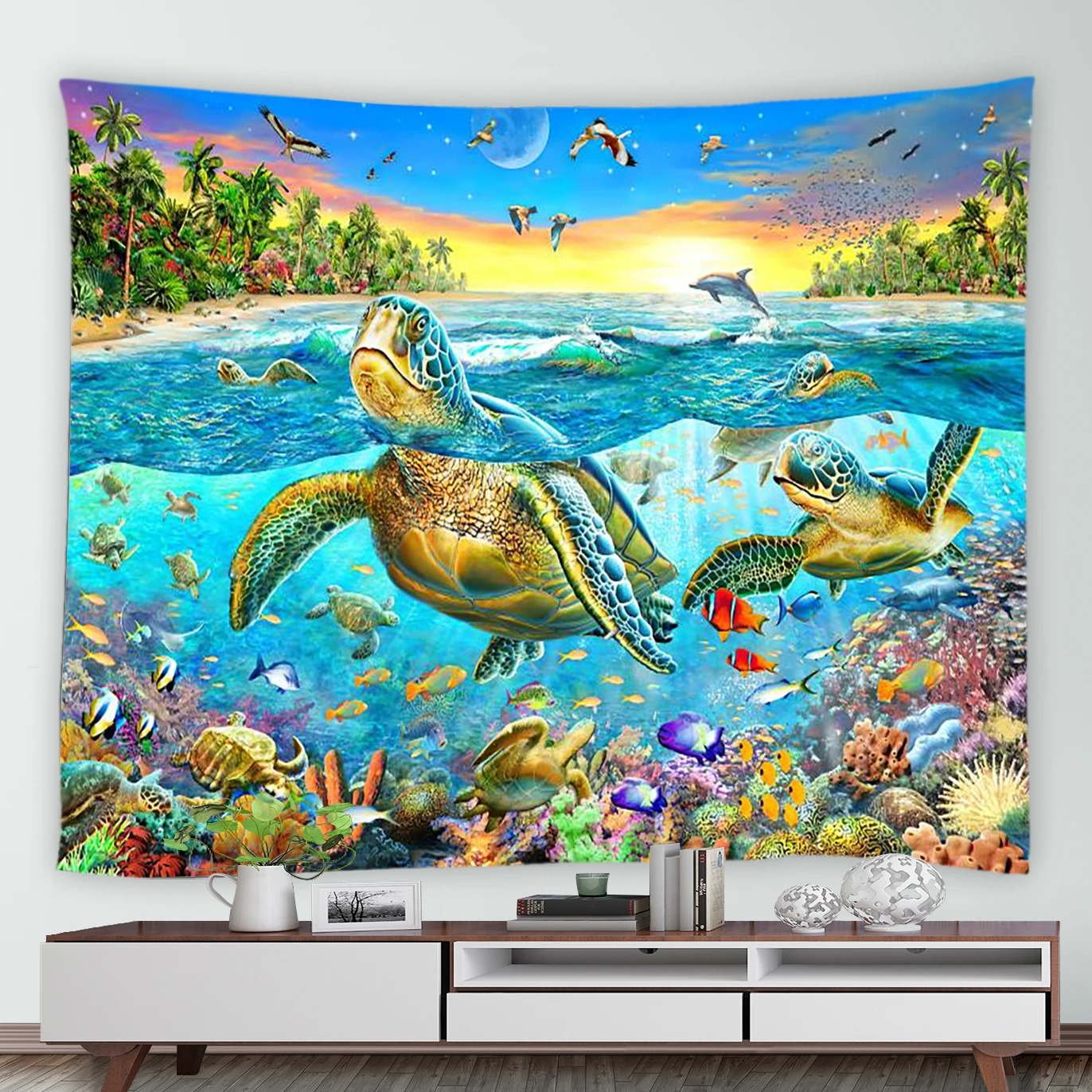 

Ocean Animals Tapestry Watercolor Art Dolphin Sea Turtle Tapestries Tropical Plants Palm Trees Children Room Wall Hanging Decor