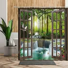 Занавеска для душа в стиле ретро, водонепроницаемая шторка для ванной, с крючками, украшение для дома, лес, водопад, пейзаж