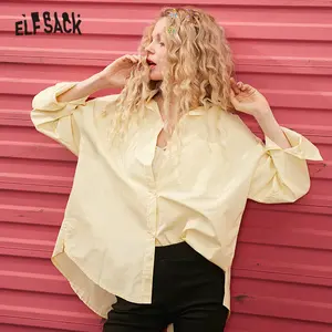 ELFSACK, многоцветные, одноцветные, минималистичные, высокие, низкие, повседневные рубашки для женщин, весна 2020, чистый разрез, длинный рукав, корейские женские базовые Топы