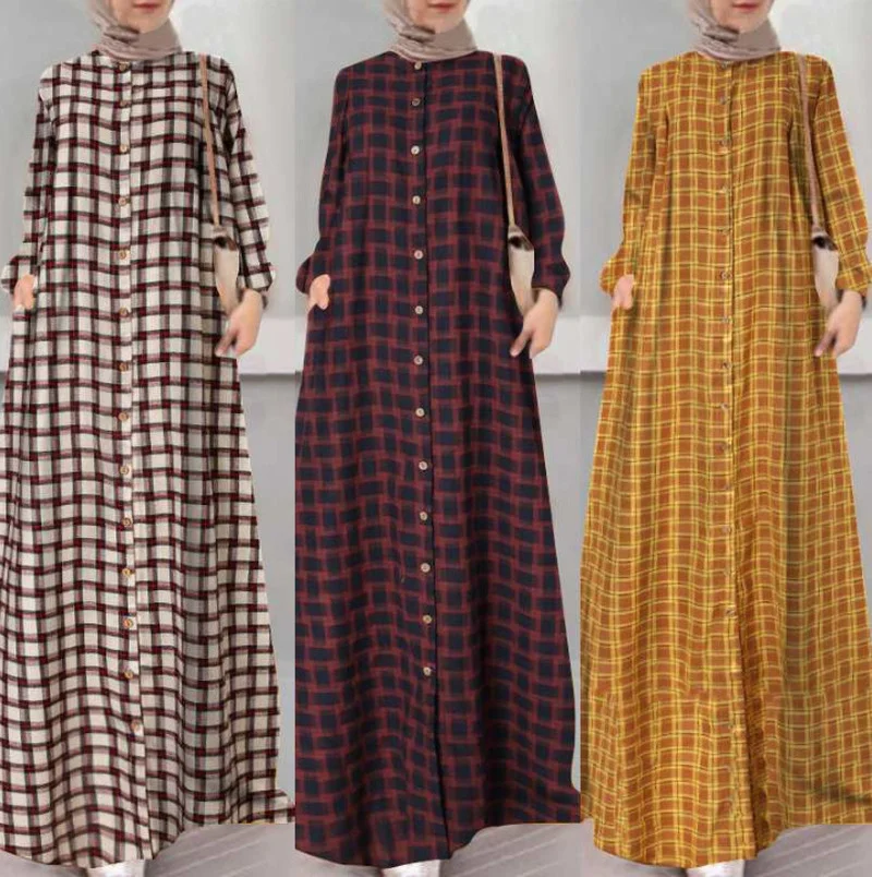 

Ramadan Eid Muslim Women Plaid Dress Mubarak Abaya Dubai Turkey Arabic Prayer Hijab Dress Robe Kaftan Musulmane Islam Vestidos