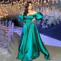 smileven slik satin green sweetheart a line formal evening dresses with crystal prom dresses puff sleeve evening party gowns