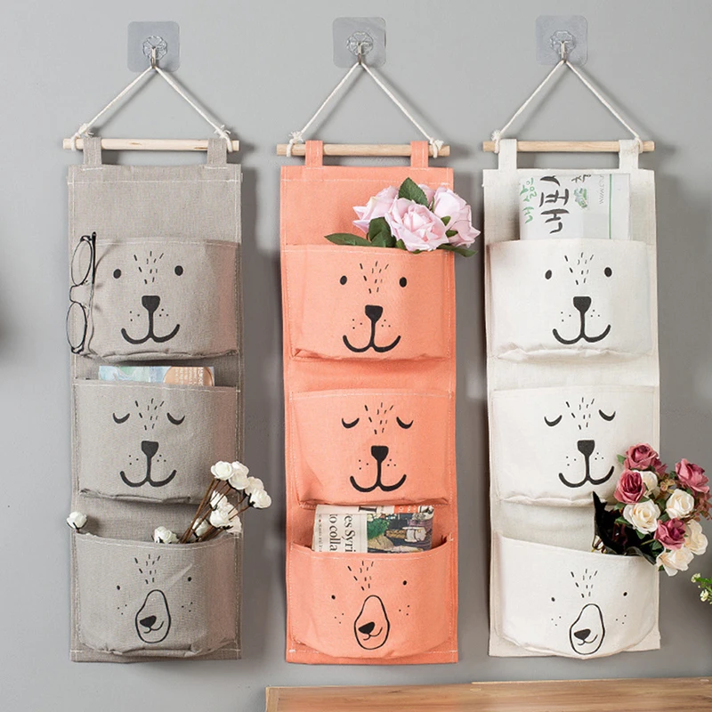 

3 Pockets Cute Wall Mounted Storage Bag Closet Organizer Clothes Hanging Storage Bag Children Room Pouch Home Decor