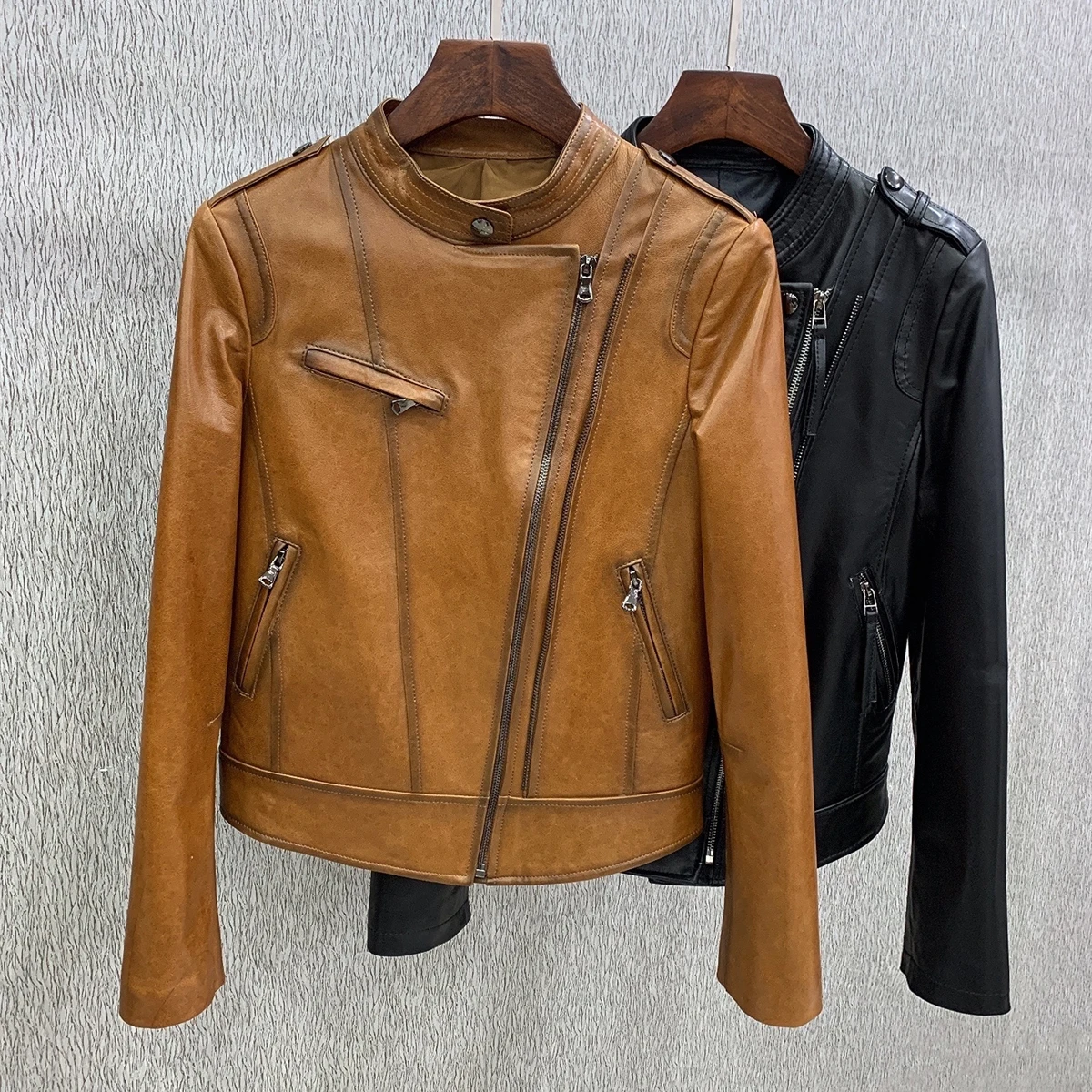 JAZZEVAR 2023 New High Fashion Street Women Real Sheep Skin Leather Jacket Ginger color Genuine Leather short Motorcycle Jackets