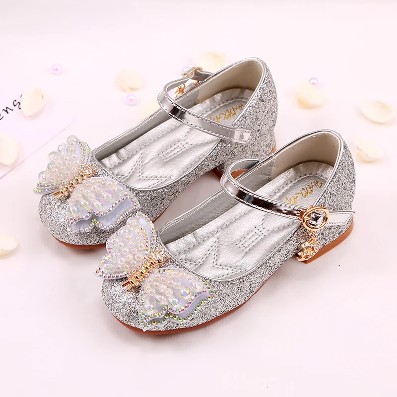 

Children girls Bling Sequin bead butterfly shoes Flat princess dance party Shoes Thick heel sliver pink 26-36 3369-8 GZX03