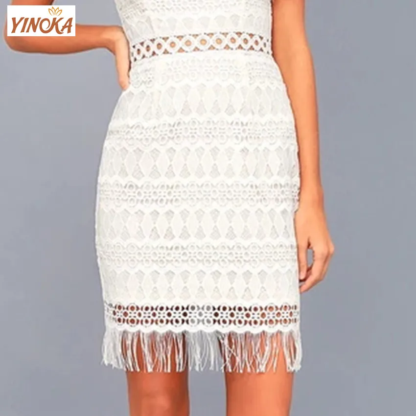 

Yinoka popular bandage dress elegant white tassel bodycon women party dinner celebrity evening midi hollow out dresses
