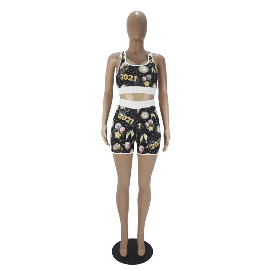 

Women's Sets New Year Pattern 2 Two Piece Club Outfit Sleeveless Tank Crop Top and Biker Shorts Activewear Stretchy Suits