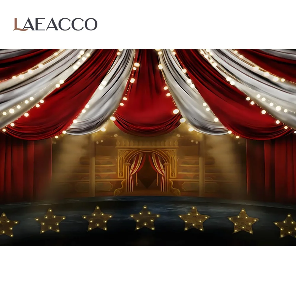 

Laeacco Baby Circus Cruise Red Tent Birthday Party Star Bulb Baby Child Stage Portrait Photo Background Photographic Backdrops