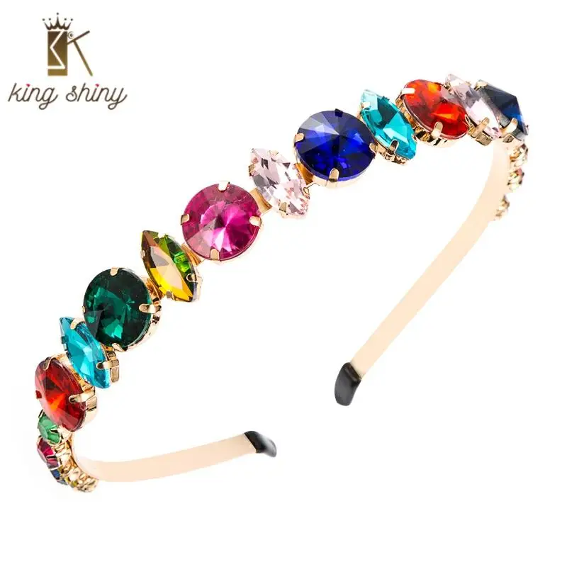 

Exquisite Multi Color Crystal Pure Metal Thin Rim Headband Fashion Geometric Rhinestone Hairband Woman Party Hair Accessories