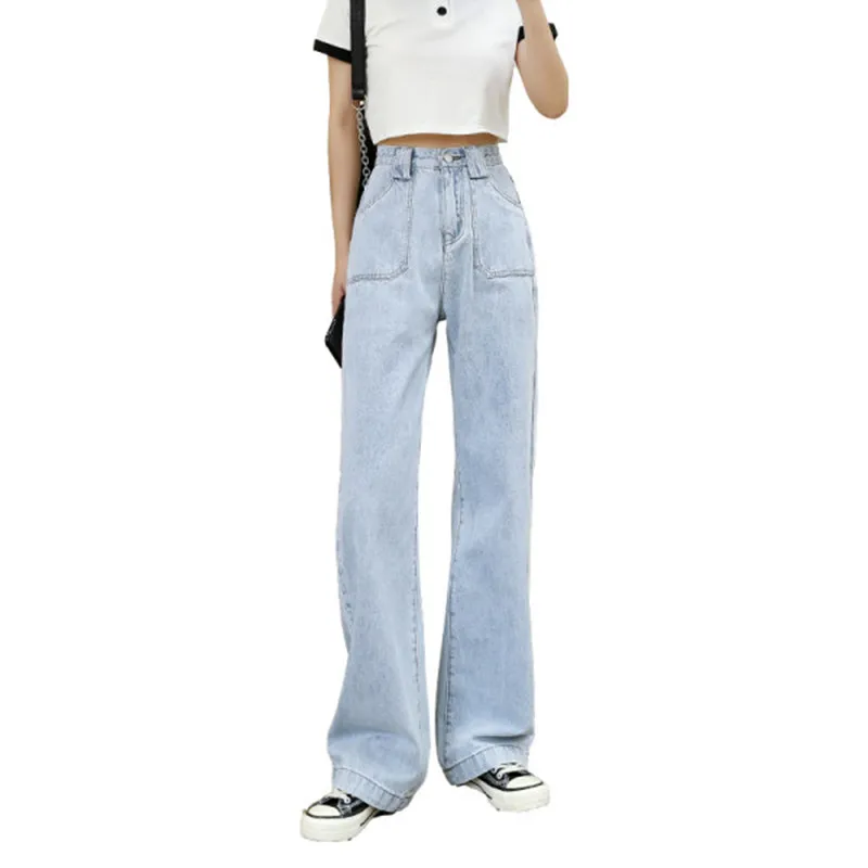 

2021 New Fashionable Women's High-waisted Wide-leg Jeans Light Blue High Street Large Pocket Straight Loose Women's Long Pants