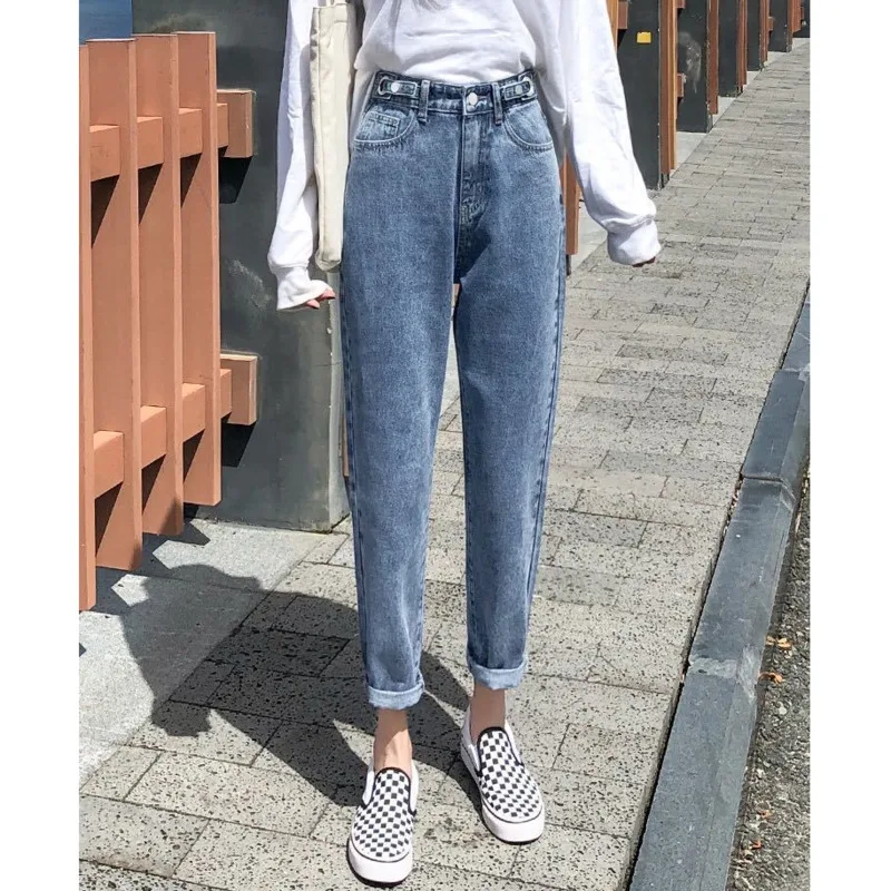 

2020 High Waist Women Jeans Adjusted Button Harem Denim Pencil Pants Straight Loose Autumn Spring Autumn Femme Mujer Trousers