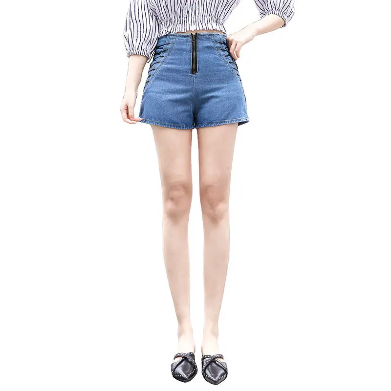 

Korean Jeans Denim Shorts Women's Bandage Zipper Large Size High Waist A-line Hot Shorts Pants New Summer 3xl 4xl 5xl
