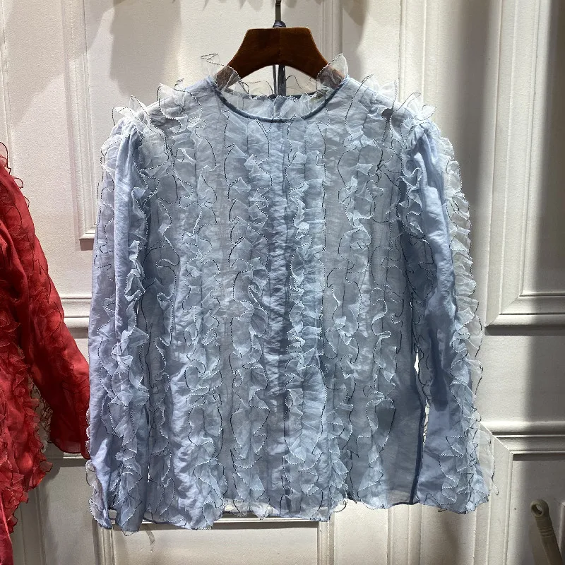 

French Style Autumn 2021 New Simple Temperament Silk Cotton Thin Shirt Long Sleeve 3D Ruffles Edge Design Top