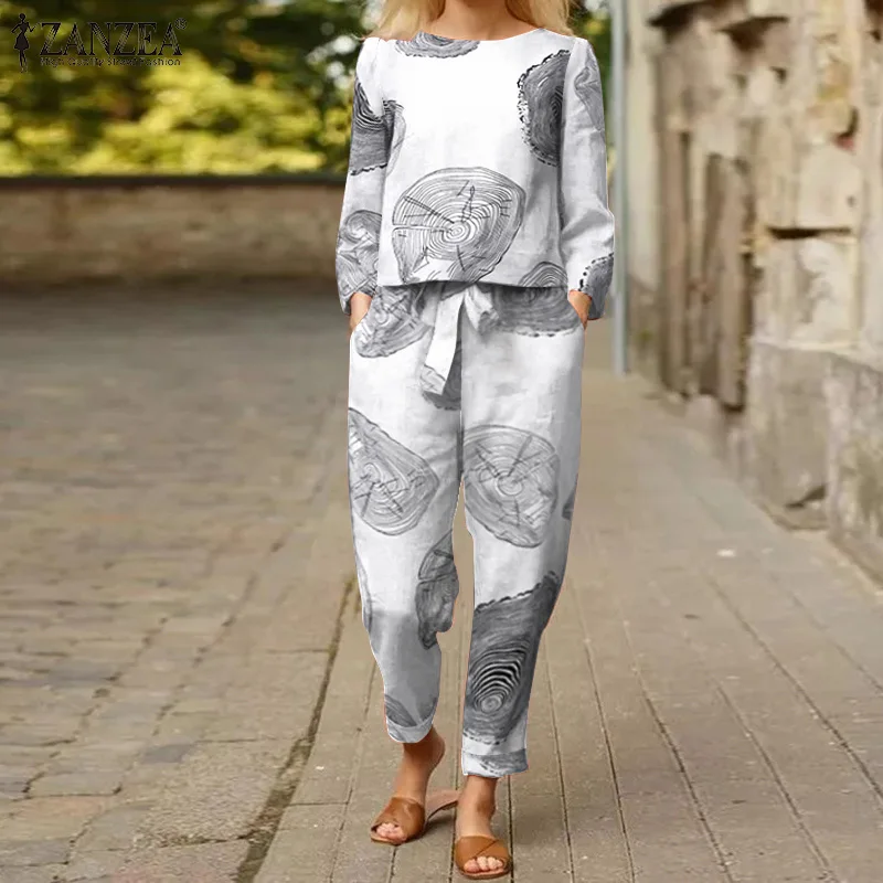 

ZANZEA 2022 Casual Loose Cotton Matching Sets Autumn Women Sets 2PC Vintage Floral Printed Long Sleeve Blouse Pant Sets Oversize