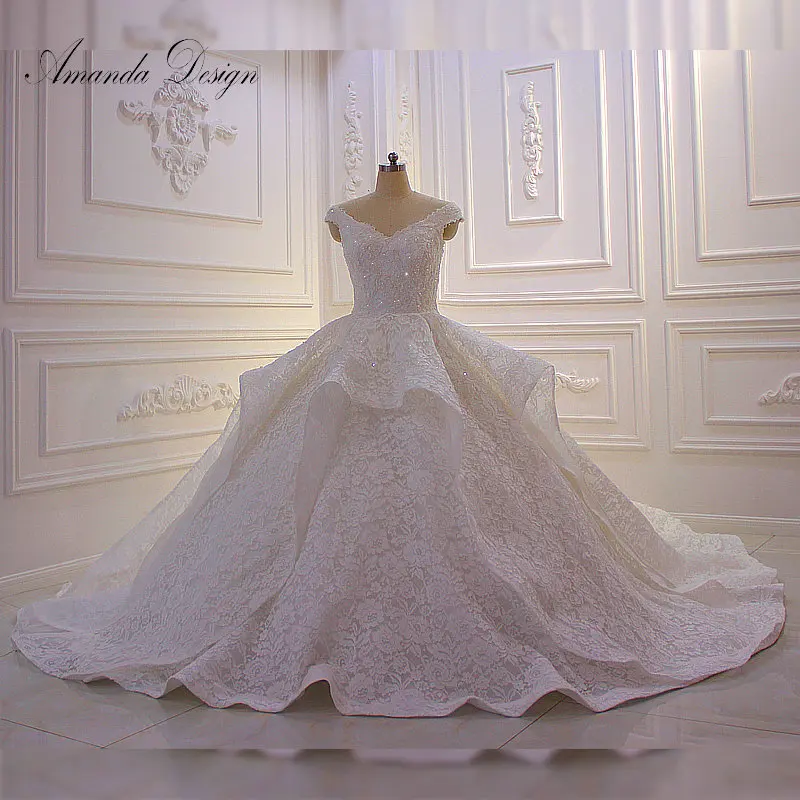 Слоновая кость Аманда дизайн robe mariee Королевское бальное платье, кепка, рукав, плиссированное жемчужное кружевное свадебное платье - Цвет: Слоновая кость