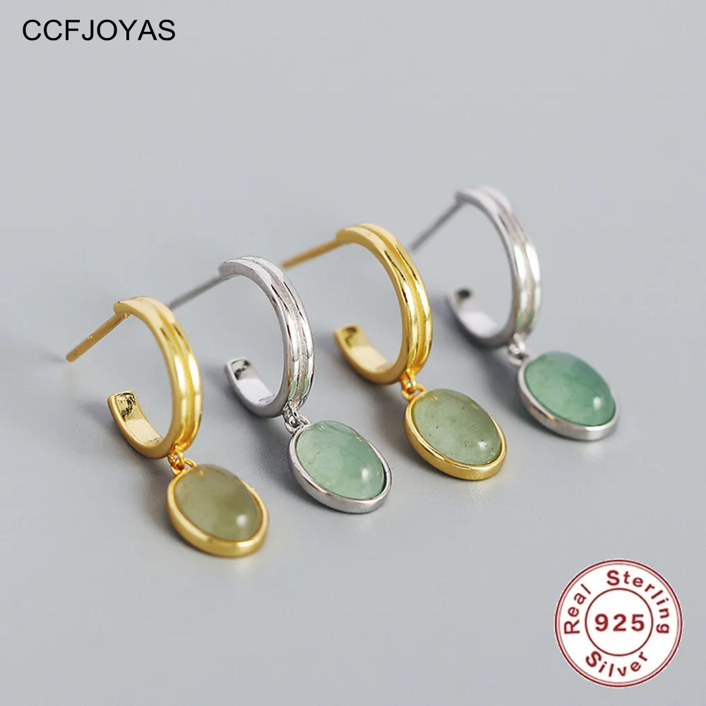 

CCFJOYAS 925 Sterling Silver C-shaped Green Aventurine Drop Earrings European and American ins Minimalist Geometric Fine Jewelry