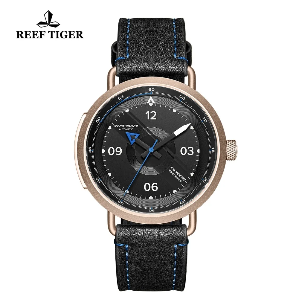 

Reef Tiger/RT New Design Simple Watch Men Leather Strap Rose Gold Waterproof Military Watches Automatic Watches RGA9055