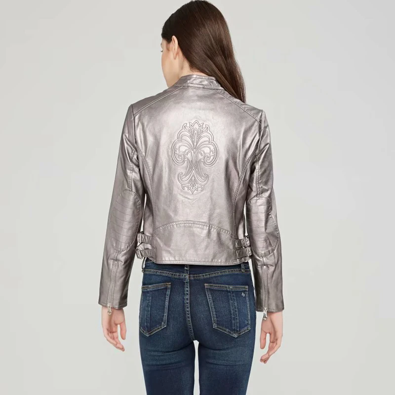 Куртка TMODA254 женская из искусственной кожи верхняя одежда на молнии блестящее