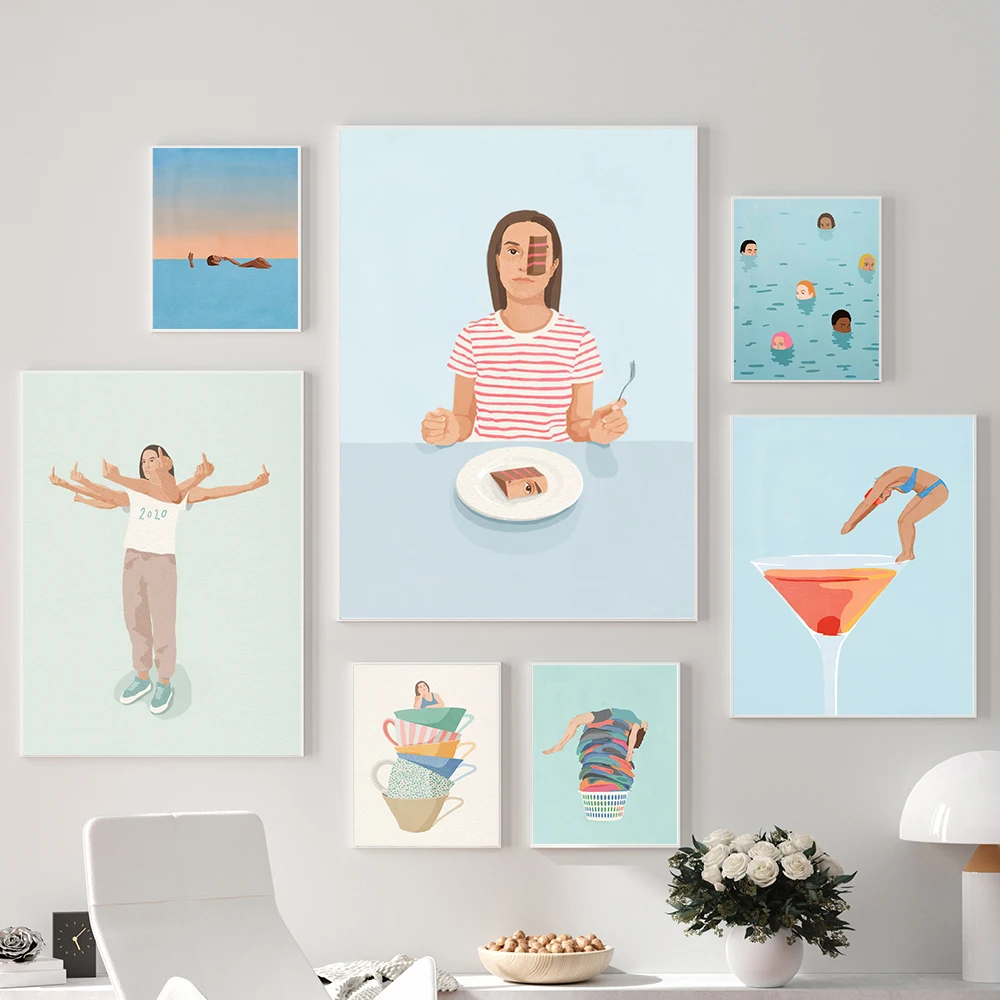 

Nordic Modern Poster Pool Party Swim Diving Bathtub Coffee Girl Abstract Wall Art Print Canvas Painting Home Decor Picture