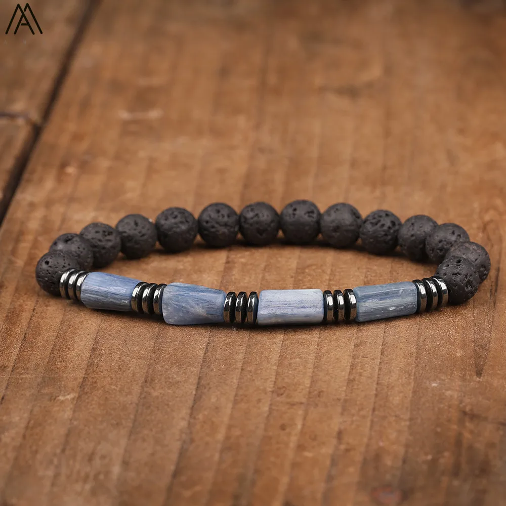 Натуральный Синий Кианит Самородок 8 мм черные бусины из лавы тянущийся браслет