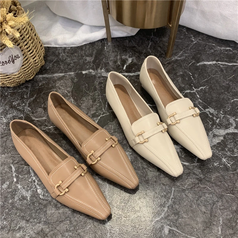 

Bailamos Spring Fashion Flats Shoes Women Flat Ballet Shoes Pointed Toe Shallow Brand Slip On Loafers Metal Buckle Ballerina