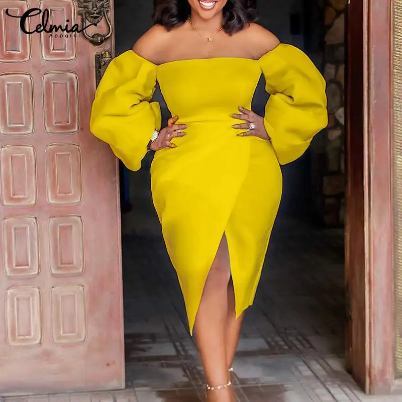 

Celmia 2021 Fashion Puff Sleeve Midi Dress Women Sexy Off Shoulder Sheath Vestidos Elegant Tight-fit Split Hem Lady Sundress