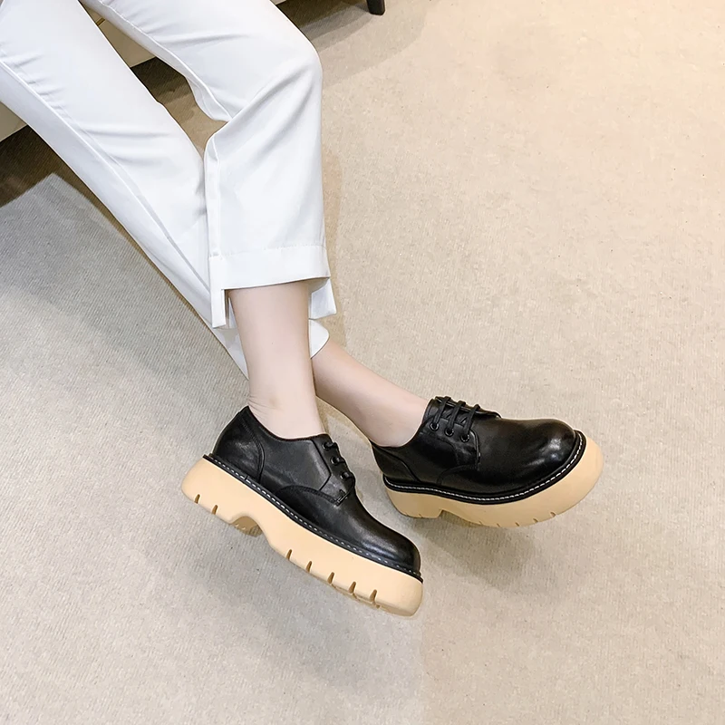 Harga Sepatu Wanita Musim Gugur/Dingin 2021 Sepatu Bot Pergelangan Kaki Ujung Bundar Kulit Asli Sepatu Platform Solid Sepatu Hak Rendah Kasual Wanita Untuk Anak Perempuan