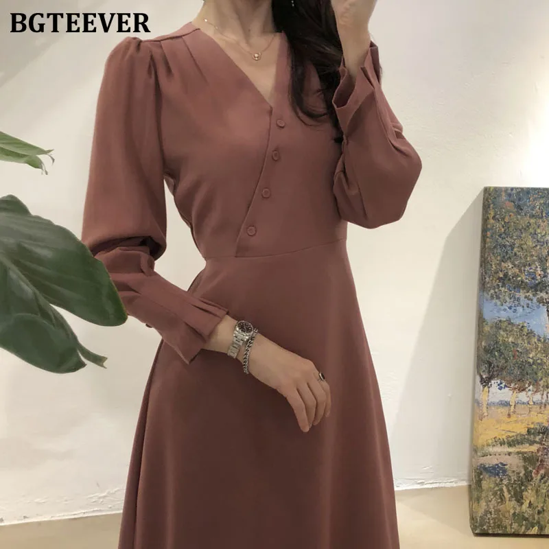 BGTEEVER офисное женское платье с v образным вырезом однобортное приталенное