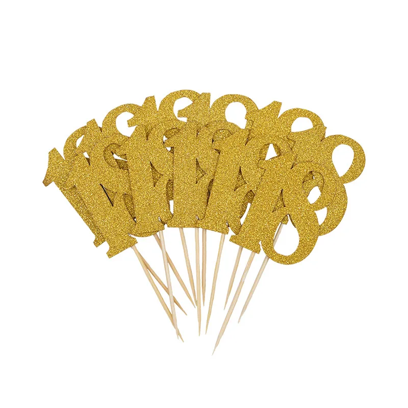 

10pcs Gold Glitter Cake Topper Birthday Party Anniversary Wedding Decor Number Digit Cupcake Flags 18 21 30 40 50 60 Years Old