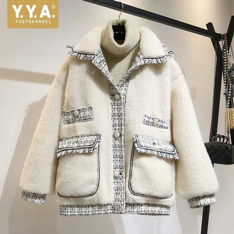 

Winter Fashion Women Faux Wool Fur Jacket White Tweed Patchwork Short Loose Fit Outwear Coat Casual White Hairy Female Jackets