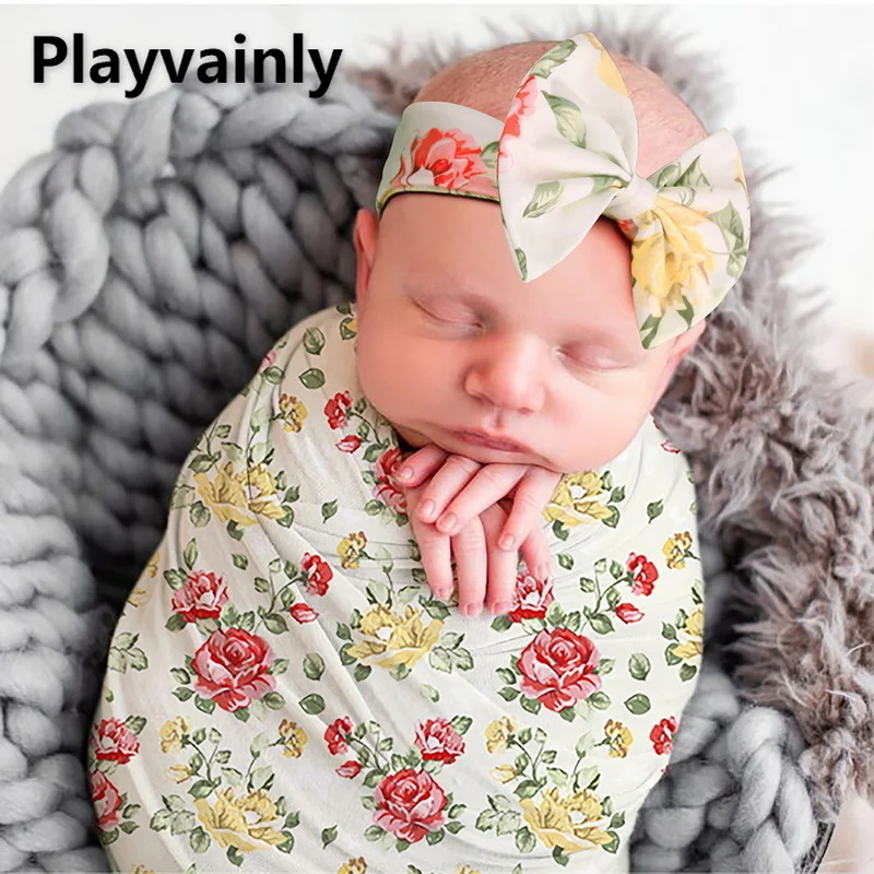 

2021 New Autumn Baby Girls Boys Accessories 2-pcs Sets Floral Receiving Blankets + Headband Newborn Photographic Props E0023