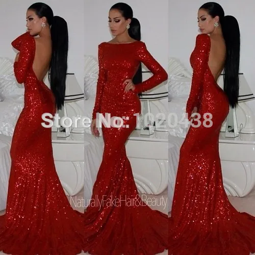 

2018 backless Sparkly High Neck Sequined Mermaid Red Prom Long Sleeves Sexy Long Formal Evening Gown mother of the bride dresses