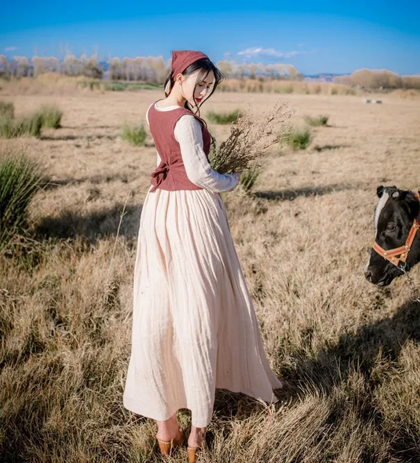 Оригинальное платье в ковбойском стиле ретро из двух частей хлопка и льна тонкое