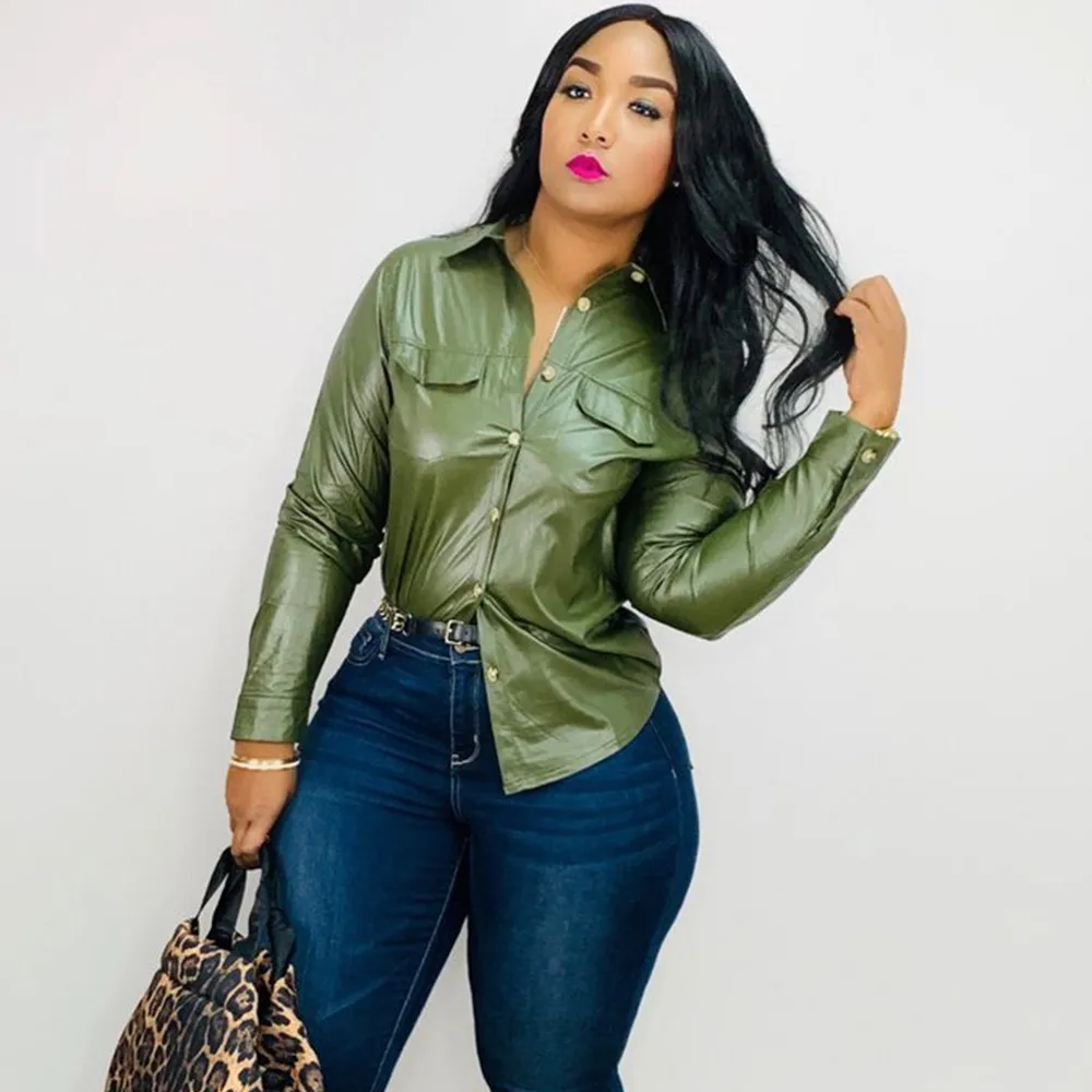 

Autumn Winter PU Leather Shirts for Women Causal Turn-down Collar Blouse Shirt Streetwear Single-breasted Chic Pocket Shirt Tops