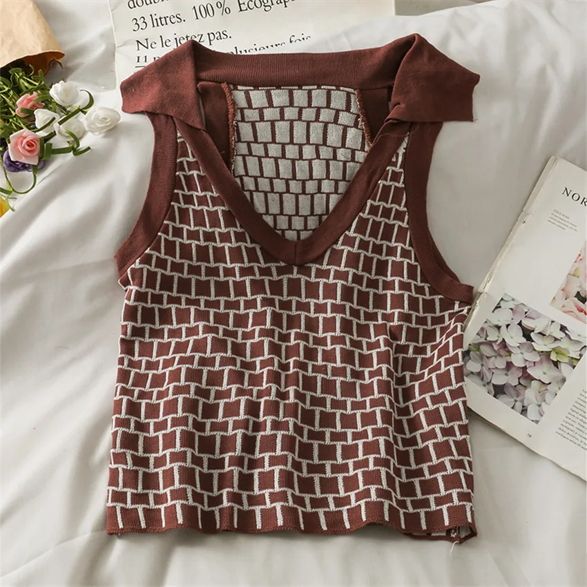 

Summer Crop Top For Girls Women Sleeveless Plaid Knitted Tank Tops Slim Fit Camis Sexy Club Wear Knitwear Tee Shirt Femme