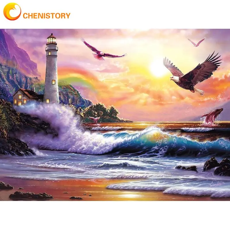 

CHENISTORY Painting By Number Eagle Drawing On Canvas HandPainted Paintings Art Gift Diy Lighthouse Seascape Kits Home Decor