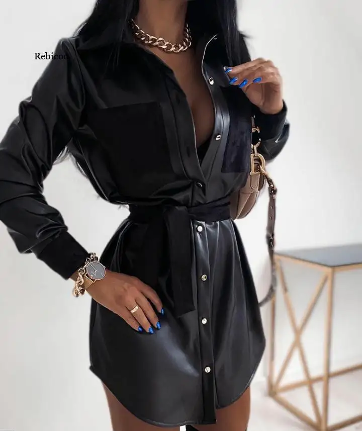 

Женское модное элегантное лоскутное повседневное однотонное платье-мини из искусственной кожи с отложным воротником и длинным рукавом на пуговицах осень-весна