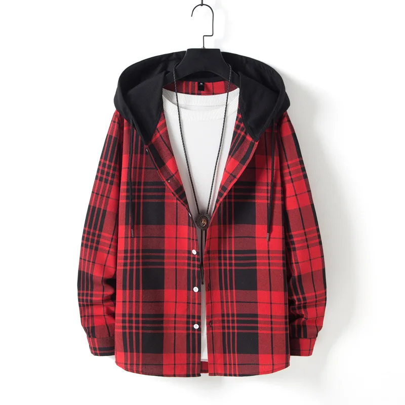 

LUCLESAM Men Red Plaid Hoodie Mens Fashion Check Hooded Cardigan Japanese Harajuku streetwear